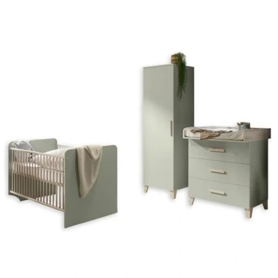 Abbildung von PRIZZI Babyzimmer Komplett Set in Pastellgrün / Aurum Optik Möbel 3 teilig bestehend aus Kleiderschrank, Babybett &amp; Wickelkommode