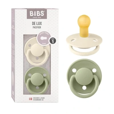 Abbildung von BIBS De Lux Schnuller 2er Pack, BPA frei, Kirschform Nippel. Naturkautschuk/Latex, Hergestellt in Dänemark. 0 6 Monate (2er Pack), Ivory/Sage