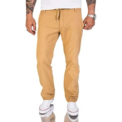 Abbildung von Rock Creek Herren Leinen Optik Hose Stoffhose Sommerhose Regular Fit Chino Hosen Männer Gummizug Herrenhosen Lang Strandhose RC 2152 Camel W34 L30