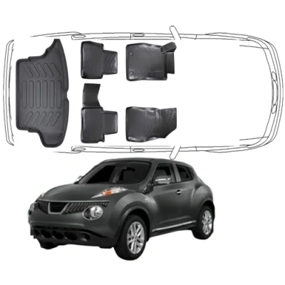Abbildung von Trimak Passgenau 3D Fussmatten &amp; Kofferraumwanne Auto Set Kompatibel mit Nissan Juke 1 Gen 2010 2015 Zubehör Gummimatten Kofferraummatte Autos TPE Allwetter Geruchlos rutschfest Schwarz