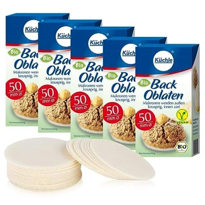 Abbildung von Küchle runde Back Oblaten Bio Vegan 50mm 37g pro Packung 5er Pack Esspapier zum Backen von Makronen &amp; Lebkuchen