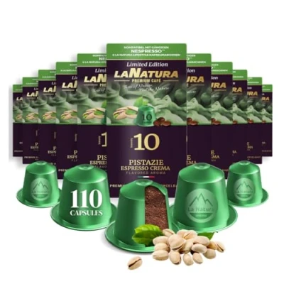 Abbildung von Kaffeekapseln Pistazie Espresso Crema Premium Aromatisierter 110 Aluminium 100% Recycelbar La Natura Lifestyle