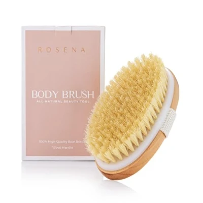 Abbildung von Dry Brushing Körperbürste Am besten zum Peeling trockener Haut, Lymphdrainage und Cellulite Behandlung Bio Spa Massage Peelingbürste mit natürlichen Wildschweinborsten (oval)