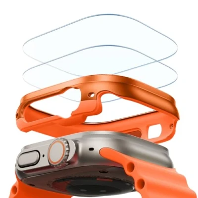 Abbildung von ESR für Apple Watch Ultra 2/1 Hülle mit Displayschutz (2024/2023/2022, 49mm), Militärnorm Schutz, Case aus Aluminiumlegierung 2 Stück Glasschutz Set, Bleib Original, Armorite Serie, Orange
