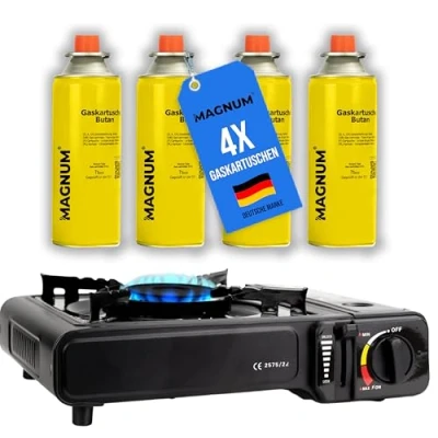 Abbildung von MAGNUM® Gaskocher inkl. 4x Gaskartuschen und Tragekoffer Campingkocher mit Camping komplett Set Piezozündung