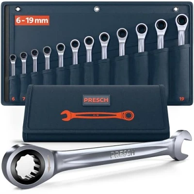 Abbildung von PRESCH Ratschenschlüssel Set 12tlg. (6 19mm) inkl. Tasche Minimaler Rückholwinkel (Bis zu 4, 90 Zähne) Präzisionsgefräste, robuste