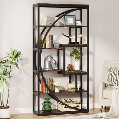 Abbildung von Tribesigns Bücherregal, Industrielles 5 stöckiges 180 cm hohes Bücherregal mit 8 offenen Lagerregalen, Display Tack Regaleinheit für Heimbüro Wohnzimmer, Vintage Braun