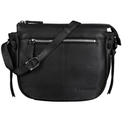 Abbildung von STILORD &#039;Bella&#039; Lederhandtasche Damen Echtleder Vintage Handtasche Klein Abendtasche Partytasche zum Ausgehen Umhängetasche mit Reißverschluss Echtes Leder, Farbe:schwarz