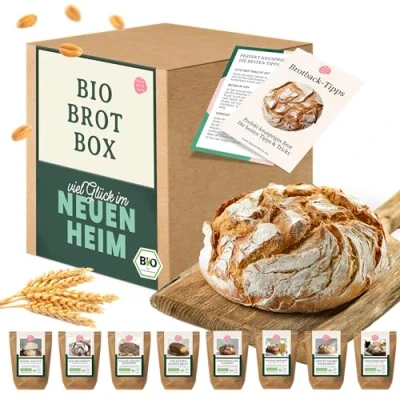 Abbildung von Bake with Love Bio Brot Probierset Geschenk zum Einzug mit 8 Brotbackmischungen Einzugsgeschenke Haus Einweihungsgeschenk Wohnung Brotbackset Selberbacken Viel Glück im neuen Heim