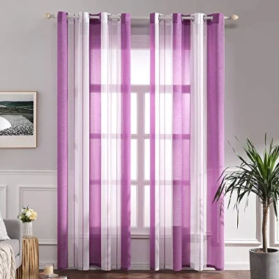 Abbildung von MIULEE Gardinen Gestreift Transparent mit Ösen Voile Vorhänge Wohnzimmer Modern 2er Set, Vorhang Schlafzimmer Violett Weiss Muster Halbtransparent Streifen 140X225 CM