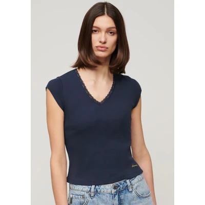 Abbildung von Superdry Essential TRIM Vneck Tshirt print, Damen, Größe: 38, Richest navy