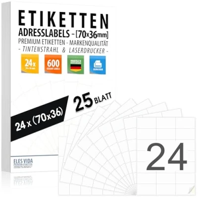 Abbildung von Adressaufkleber 70x36mm (600 Labels 25 Blatt) Selbstklebend und bedruckbar (24 pro DIN A4 Bogen) mit Inkjet Laserdrucker Aufkleber, Drucker Etiketten MADE IN GERMANY