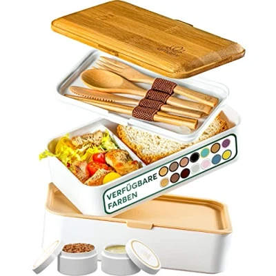 Abbildung von Umami Lunchbox Erwachsene, Auslaufsichere Bento Box mit Fächern und 4 Holz Bestecke, Brotdose Salatbehälter To Go, Lunch für Picknick/Büro, Schneeweiß &amp; Tan, 1200 ml