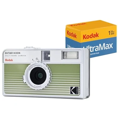 Abbildung von Kodak EKTAR H35N Halbformat Filmkamera Set mit Ultramax 24EXP Rollfilm (Grün gestreift)