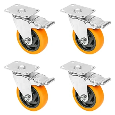 Abbildung von HMF 6710 Schwerlastrollen mit Bremse aus Polyurethan 4 Stück 100 mm bis 460 kg Orange