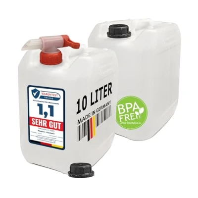 Abbildung von plasteo® 2x 10 Liter Getränke Leer Camping Wasserkanister Natur mit Auslaufhahn und Schraubdeckel Lebensmittelecht BPA Frei Tragbar Robust Langlebig Made in Germany