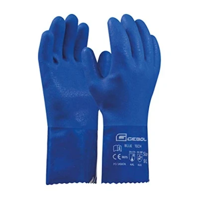 Abbildung von Gebol Blue Tech Lange Gummihandschuhe aus PVC mit Baumwollstrick gegen Chemikalien, Säure, Öl &amp; Fett Wasserdichte Arbeitshandschuhe für Reinigungen Herren Größe XL (Gr 10) Blau 1 Paar
