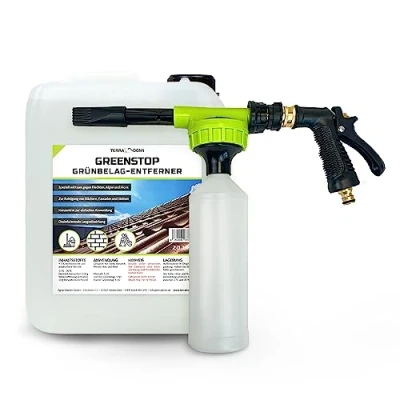 Abbildung von Terra Domi Greenstop + innovatives Sprühsystem, 5 Liter Algen &amp; Flechtenentferner für bis zu 1500 m² I Grünbelagsentferner gegen Moos, Flechten, Dach und Steinreiniger