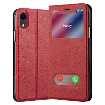 Abbildung von Cadorabo Hülle kompatibel mit Apple iPhone XR Sichtfenster aus Premium Kunst Leder Flip Klappbare Stoßfeste Magnetische [Standfunktion] [Kartenfächern] Cover für Tasche in Rot