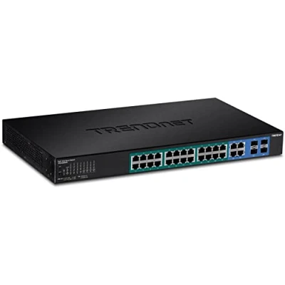 Abbildung von TRENDnet TPE 5028WS 28 Port Web Smart PoE+ Switch, 24 Gigabit Ports, 4 gemeinsam genutzte Ports (RJ 45 oder SFP), VLAN, QoS, LACP, IPv6 Unterstützung, 370 W PoE Leistungsbudget