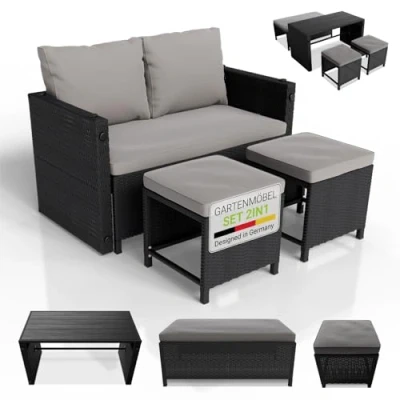 Abbildung von Juskys 2in1 Polyrattan Relax Gartenmöbel Set Jamaika Tisch, Gartenlounge Sofa Balkonmöbel Sitzgruppe für Balkon, Garten Outdoor Lounge schwarz/grau