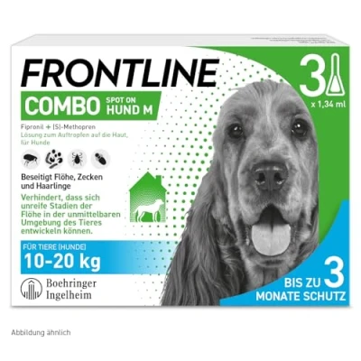 Abbildung von FRONTLINE Combo Hund M gegen Zecken, Flöhe &amp; Haarlinge (10 bis 20 kg) 3X Pipetten für zu 3 Monate Schutz auch Floheier, Larven Puppen im Haushalt wasserfest