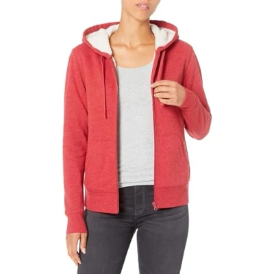 Abbildung von Amazon Essentials Damen Sherpa gefütterte Fleece Kapuzenjacke mit durchgehendem Reißverschluss (erhältlich in Übergröße), Rot Meliert, XL