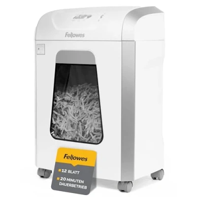 Abbildung von Fellowes Aktenvernichter, Papierschredder für 12 Blatt Partikelschnitt, Aktenvernichter P4, Schredder Büro und Homeoffice, Powershred FS 12C, mit 19L Papierkorb, verarbeitet Kreditkarten, Weiß