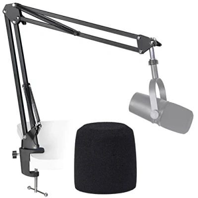 Abbildung von SUNMON für Shure MV7 Mikrofonarm Galgenarm mit Pop Filter, verstellbarer Mikrofonständer Aufhängungsausleger Scherenarmständer kompatibel MV7, MV7X und SM7B Mikrofon