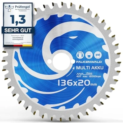 Abbildung von FALKENWALD® Sägeblatt 136x20mm (Akku, Multi), Kreissägeblatt mit 40 Zähnen aus Hartmetall Kompatibel Handkreissäge von Makita DSS501Z, DSS610Z und weiteren Maschinen