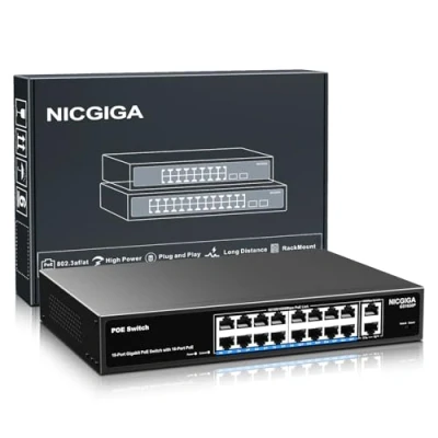 Abbildung von 16 Port Gigabit PoE Switch Unmanaged, PoE+@250W, 2 Uplink Ports, NICGIGA 18 Network Power Over Ethernet Switch, VLAN Modus, 19 Zoll Rackmontage, Plug and Play.