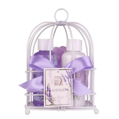 Abbildung von Accentra Duschset Frauen Geschenkset LAVENDEL in wunderschönem Drahtkorb 3 teiliges Pflegeset mit Duschgel, Bodylotion und Badeschwamm Wellness Geschenk Set zum Muttertag &amp; Valentinstag