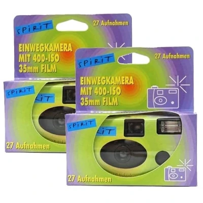 Abbildung von 2X 1A PHOTO PORST Einwegkamera Edition Spirit in grün, bunt, mit Blitz, Batterien und Film (2er Pack, je 27 Aufnahmen)