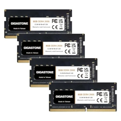 Abbildung von 【DDR4 RAM】 GIGASTONE 32GB Kit (4x8GB) DDR4 2666MHz (2400MHz or 2133MHz) PC4 21300(PC4 19200/17000) CL19 1.2V SODIMM 260Pin Nicht ECC ungepuffert Notebook Laptop Hochleistung Arbeitsspeicher Upgrade