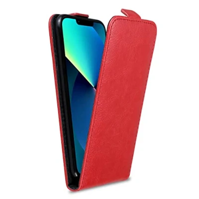 Abbildung von Cadorabo Hülle kompatibel mit Apple iPhone 13 Mini Flip Design aus Premium Kunst Leder Klappbare Stoßfeste Magnetische Cover für Tasche in Rot