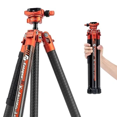 Abbildung von Fotopro X Aircross 3 Lite Leichtes Reisestativ aus Kohlefaser 157cm mit Panoramakugelkopf 0,81kg Ultraleicht Tragbares Rucksack Kamera für DSLR Tragetasche Belastung bis zu 10kg Orange