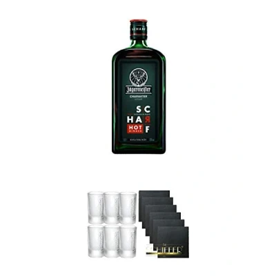 Abbildung von Jägermeister Charakter Scharf Hot Ginger aus Deutschland 0,7 Liter + Frozen Club Shot Glas 2 cl 6er Set Schiefer Glasuntersetzer eckig 6 x ca. 9,5 cm Durchmesser