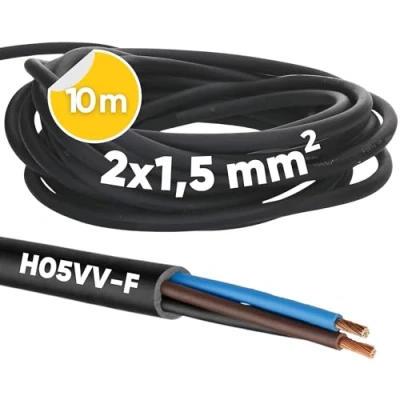 Abbildung von 10 Meter Kalitec H05VV F Schlauchleitung 2x1,5 mm² I Stromkabel ohne Schutzleiter PVC Kabel für Innenbereich Elektrokabel schwarz Lampenkabel flexibel Gerätekabel 2 adrig