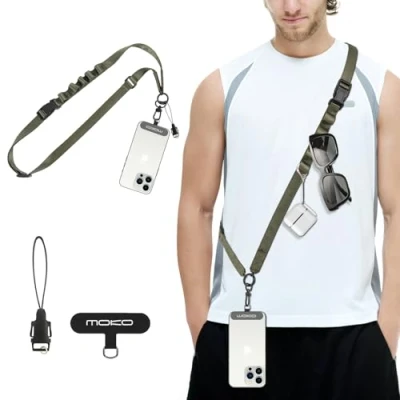 Abbildung von MoKo Universal Phone Lanyard, Nylon Verstellbarer Handy Crossbody Gurt Abnehmbare Frauen &amp; Männer Lanyards um den Hals mit Patches für iPhone, die meisten Smartphones, Armee Grün