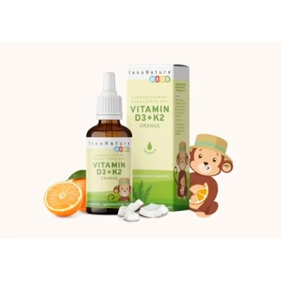 Abbildung von InnoNature Vitamin D3+K2 Kids Tropfen, Orange mit D für normales Wachstum, Entwicklung der Knochen &amp; Immunsystem 10ml, vegan