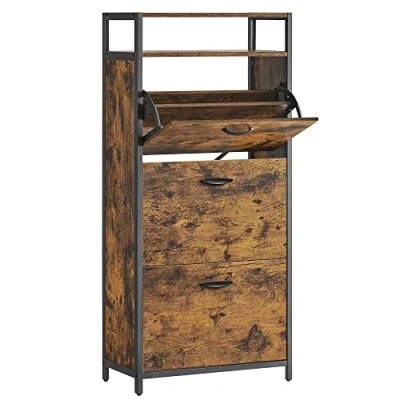 Abbildung von VASAGLE Schuhschrank, schmales Schuhregal, Schuhkipper mit 3 Klappen, für 12 18 Paar Schuhe, platzsparend, staubdicht, 30 x 60 130 cm, Flur, vintagebraun schwarz LBS101B01