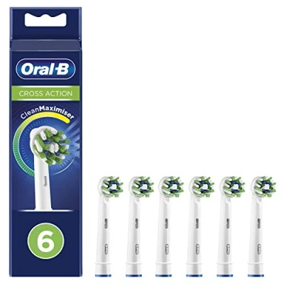 Abbildung von Oral B Cross Action Aufsteckbürste für elektrische Zahnbürste mit CleanMaximiser Technologie, abgewinkelte Borsten tiefere Plaque Entfernung, 6 Stück, weiß