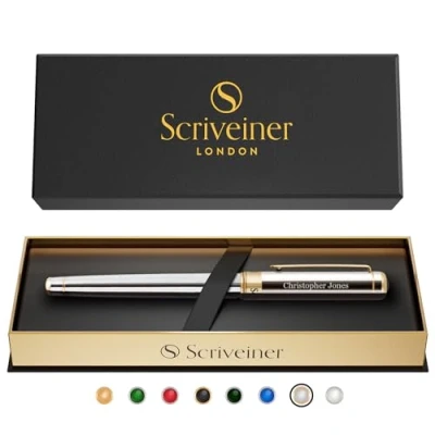 Abbildung von Scriveiner Personalisierter Stift Aus Silbernem Chrom Atemberaubender Luxus Tintenroller, Gold Finish, Schmidt Tinte, Bestes Graviertes Tintenroller Geschenkset, Custom Name Gravur