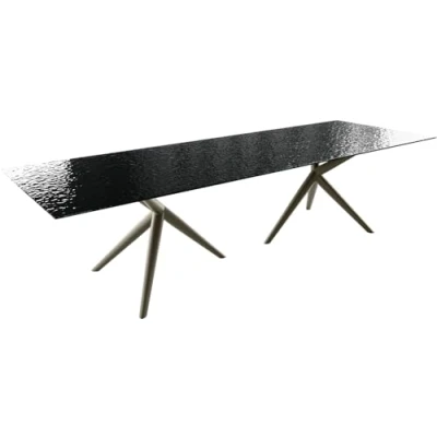 Abbildung von Esstisch Edge 300x100 Reliefglas Rauchschwarz 3D Design Estelar rund Metall Effektfinish Titan