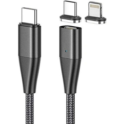 Abbildung von Callstel USB C Magnet Kabel: Magnetisches Schnell Ladekabel, Typ &amp; Lightning, 1,8 m, 3 A (Magnetischer Stecker, Ladekabel mit Magnetverbindung, Handy Datenkabel)