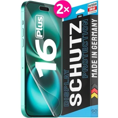 Abbildung von 2x se® 3D SCHUTZFOLIE Transparent für Apple iPhone 16 Plus ,Selbstheilend, 100% Fingerabdruck &amp; FaceID kompatibel, einfache blasenfreie Installation, Ultra Klar, Stoß Kratzfest, aus Deutschland