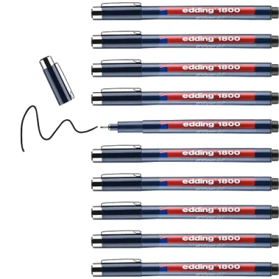 Abbildung von edding 1800 Präzisionsfeinschreiber schwarz 10 Stifte Linienbreite 0,7 mm Fineliner zum präzisen Schreiben und Skizzieren feine, metallgefasste Spitze Lineal schablonengeeignet