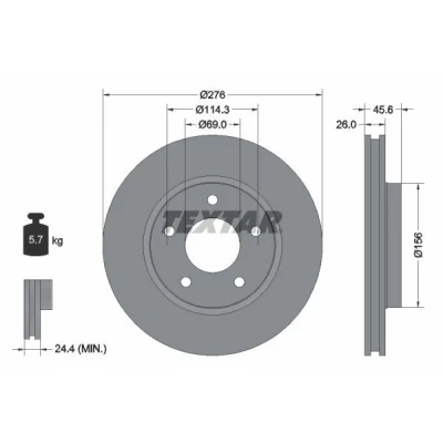 Abbildung von TEXTAR PRO 92197403 Bremsscheibe 276 26 05/05 114,3 innenbelüftet beschichtet ohne Radbefestigungsbolzen, Radnabe MITSUBISHI: Lancer 8 Schrägheck