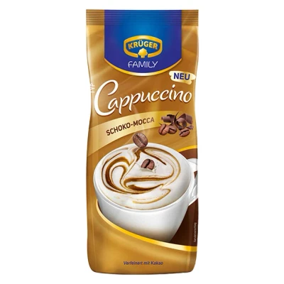 Abbildung von KRÜGER Family Cappuccino Schoko Mocca, aromatisiertes Getränkepulver mit löslichem Bohnenkaffee, koffeinhaltig, 500 g Beutel