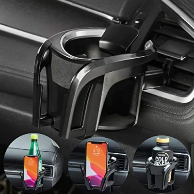 Abbildung von IRYNA Multifunktion 2 in 1 Auto Getränkehalter/Becherhalter Handyhalterung für alle Phone,Universal Dosenhalter,Flaschenhalter,LüftungShalterung Kaffeebecher und Getränkedose (Silber Schwarz)